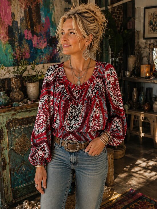 Daisy Fuentes Tops - Daisy Fuentes Red Paisley Peasant Blouse